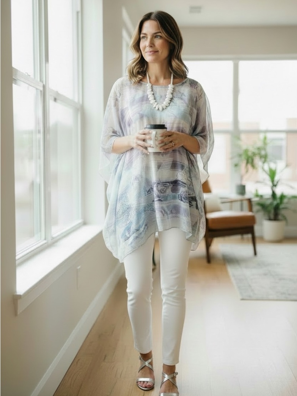 Sheer Abstract Print Poncho Tunic in Blue and Gray